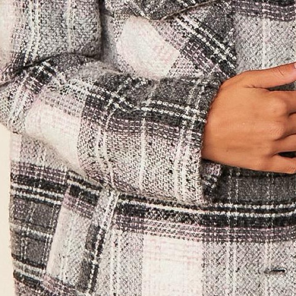 Flannel Plaid Button Down Coat, black/Gray/Blush/White, size small - Picture 5 of 13